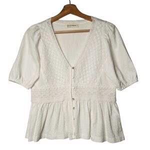 Lucky Brand Women's XS White Eyelet Lace Peplum Top Boho Button Up Short Sleeve